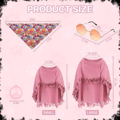PAWCHIE Halloween Dog Hippie Costume Set 60s 70s, Pet Costume Accessories Includes Hippie Fringed Cape Bandana Glasses and Peace Necklace, Adjustable Boho Pet Outfit for Large Dogs Party Photo, Pink L - Image 5