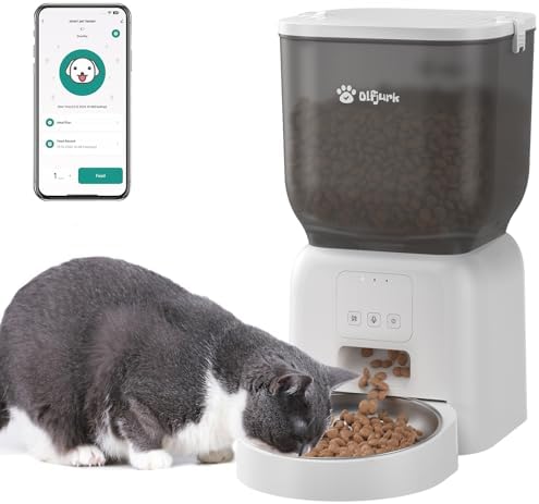 Remote Controlled Automatic Dog & Cat Feeder, APP Controlled,with Freshness Preservation, Timed Cat Feeder with Stainless Steel Bowl. 4L Capacity Up to 6 Meals Per Day and 1-15 Portion for Pets（White）