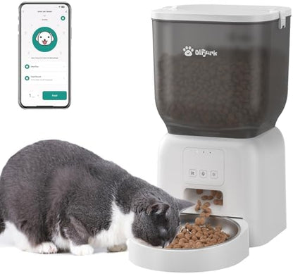 Remote Controlled Automatic Dog & Cat Feeder, APP Controlled,with Freshness Preservation, Timed Cat Feeder with Stainless Steel Bowl. 4L Capacity Up to 6 Meals Per Day and 1-15 Portion for Pets（White）