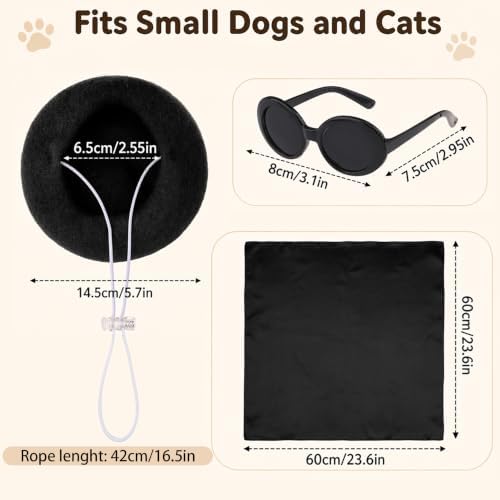 Dog Beret Scarf Glasses Pet French Beanie for Small Dogs Cats(Black, Small) - Image 2