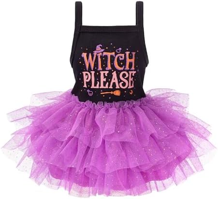 Fitwarm Witch Please Halloween Dog Tutu Dress, Funny Halloween Costumes for Small Girl Dogs, Pet Outfit, Black, Purple, XS by Fitwarm