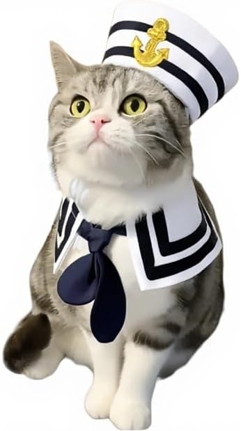 Lanyarco Cat Halloween Costumes Sailor Hat Collar Cape Costume Outfit for Cat Dog Pet Captains Dressing up Party (2PCS Set) - Image 7