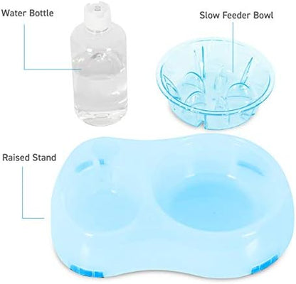 Slow Feeder Bowl, Elevated, Double Transparent for Cats, Small Dogs, Pet Automatic Water Feeder with Water Bottle