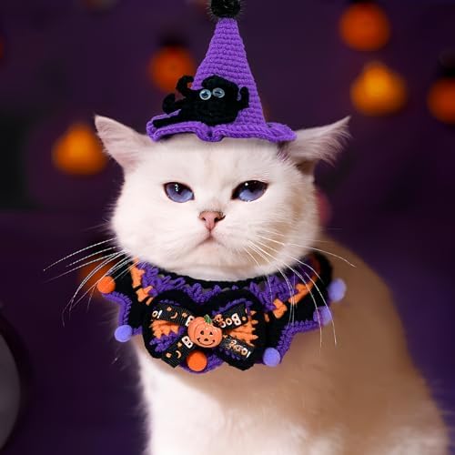 4 Pcs Halloween Cats Dogs Pets Crochets Handmade Collars Soft Wool Neck Collars with Hats Knitted Costume Photo Shoot Props Bibs for Multiple Family Matching Set (Pumpkin and Spider) - Image 3