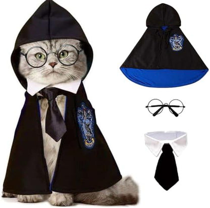 Dog Halloween Magician Costume Set, Cat Wizard Cloak with Hood, Tie & Glasses, Pet Cosplay Outfit for Halloween Party, Puppy Witch Costume for Small Dogs (Blue, Small) by Unknown
