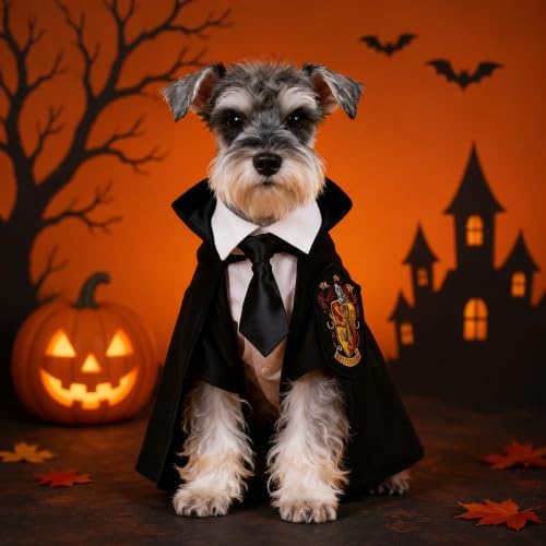 Small Dog Halloween Costumes - Adjustable Dog Wizard Costume,Pet Hooded Cape Glasses Necktie Set,Funny Halloween Costumes for Small Medium Dogs Boy Girl,Black Red Pet Magician Cosplay Outfits - Image 2