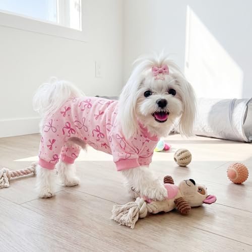 Dog Pajamas for Small Medium Dogs Pjs Pink Bow Dog Onesie Breathable Puppy Pj Pet Stretchy Soft Sleepwear for Spring Summer Costume-L - Image 3