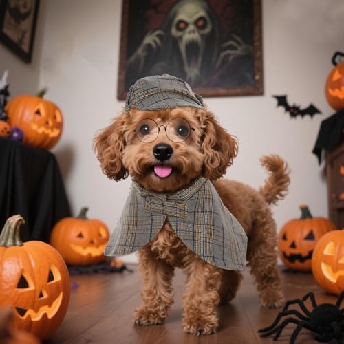 3 Pcs Dog Costume Set Detective Cloak Hat and Glasses for Small Dog Cat Detective Costume for Halloween Party Cosplay(Medium) - Image 5