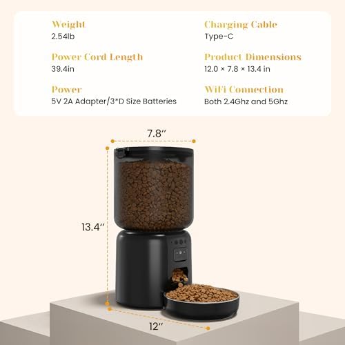 Fansafurn Automatic Cat Feeder with 2K HD Camera, Automatic Dog Feeder with App Control via 2.4G/5G WiFi, Dual Power System & Voice Recording, 4L Food Dispenser for Cats and Small Dogs, Black