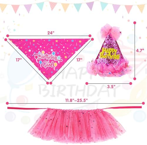 SCENEREAL Dog Birthday Bandana with Hat and Dress Girl Set, Puppy Birthday Party Supplies, Cute Pink Tutu Skirt Outfit for Small Medium Large Dogs - Image 6