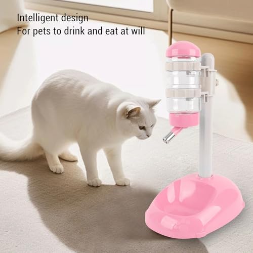 Cryfokt Pet Standing Water Dispenser, Plastic Height Adjustable 500ml Capacity Dog Water Bottle Dispenser Automatic Dog Feeding Station Food for PuppyBowl (Pink)