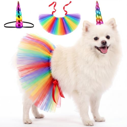 2 Pcs Unicorn Dog Costume, Rainbow Tutu and Unicorn Horn Headband by Bunnycool