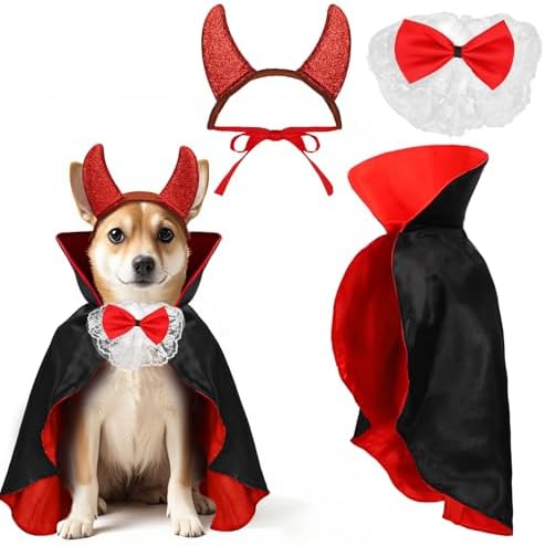 3pcs Dog Vampire Devil Costume, Dracula Dog Costume with Cape Headband Bow Tie for Small Medium Pets Halloween Party by Beipegin