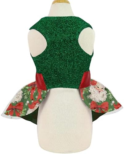 Christmas Dog Dress, Festive Holiday Pet Outfit, Shiny Green Top with Glittery Red Bow and Santa Claus Print Skirt - Image 2