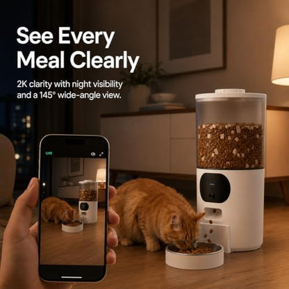Automatic Cat Feeder with 2K Camera, Smart Pet Feeder with App Control for Cats & Small Dogs, 2-Way Audio & Motion Alerts, 5L WiFi Automatic Dog Feeder with Night Vision