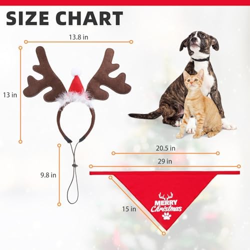 KOOLTAIL Christmas Dog Elk Reindeer Antler Headband with Santa Hat & Bandana Set, Dog Pet Christmas Costume Accessories Headwear Deer Cosplay for Small Medium Large Dogs Cats Puppy Holiday New Year - Image 2