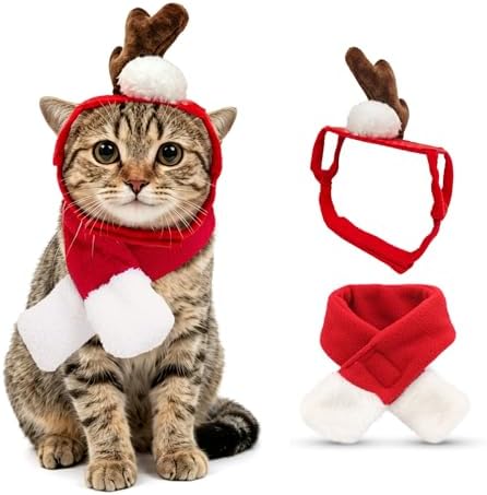 NAMSAN Pet Reindeer Costume for Cats Small Dogs Rabbits, Christmas Cat Single Antler Headband with Red Scarf, Small Dog Max Santa Antler Outfit for Christmas New Year Party Cosplay Statue Decoration by Namsan