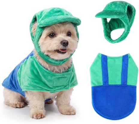 Newcotte Dog Halloween Costume Set Funny Green Overalls Outfit with Hat Retro Buddy Themed Dog Clothes for Cosplay Party(Small) by Newcotte
