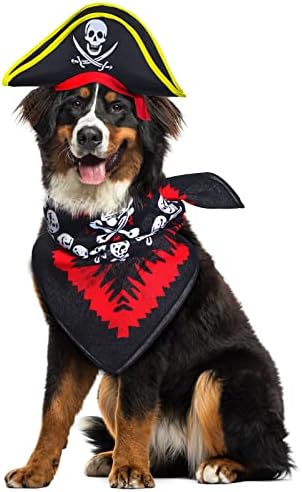 2 Pieces Skull Print Pet Pirate Hat with Pirate Skull Bandana Dog Cat Captain Cap Halloween Pirate Cosplay Costume Halloween Party Hat Dress Up Costume Accessories (C) One Size - Image 5