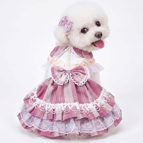 Plaid Princess Dog Dress, Multi Layered Skirt Lace Trim Design Dog Outfit, Girl Dog Clothes with Large Bow & Bow Hair Accessory for Birthday, Wedding, Party, Photoshoot (M) by Unknown