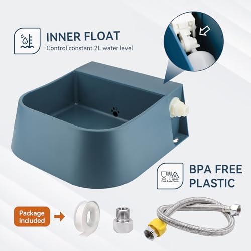 Dog Automatic Water Dispenser, Self Filling Dog Water Bowl with 1/2” Female Anti-Bite Metal Pipe & 3/4" Adapter, Outdoor Animals Refill Pet Water Trough for Cats Chickens Goats, 2L