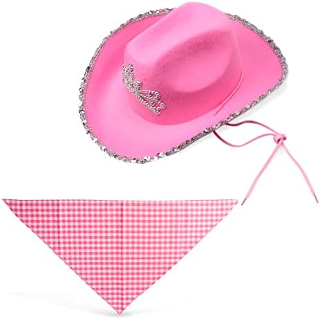 Yewong Pet Pink Cowboy Hat Costume Accessory Set Dog Cat Size Pink Cowgirl Princess Hat with Crown Tiara Bandana/Scarf for Cat Puppy Western Costume Daily Wearing Photo Props (Set B) - Image 4