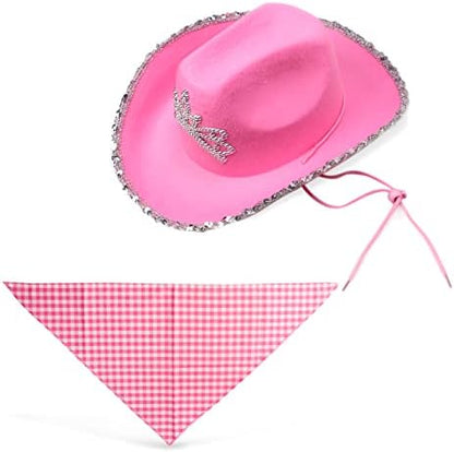 Yewong Pet Pink Cowboy Hat Costume Accessory Set Dog Cat Size Pink Cowgirl Princess Hat with Crown Tiara Bandana/Scarf for Cat Puppy Western Costume Daily Wearing Photo Props (Set B) - Image 4