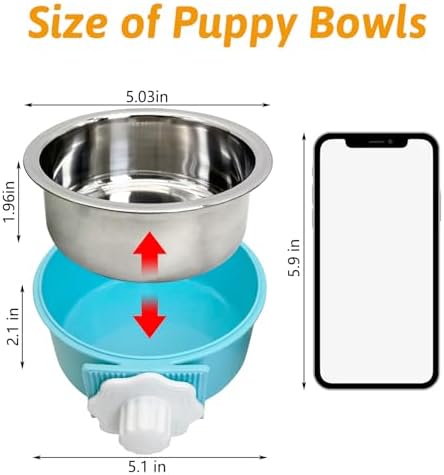 Hamiledyi Crate Dog Bowl Cat - Removable Stainless Steel Hanging No Spill Pet Bowl for Kennels Durable Detachable Design Fits Small Medium Dog Cages (2 Pcs, Blue