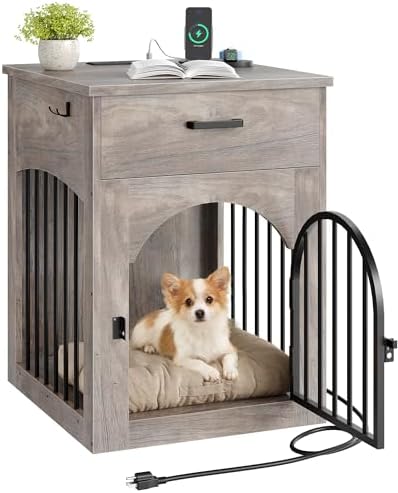 CHOEZON Dog Crate Furniture, Wooden Dog Kennel with Charging Station and Storage Drawer, Indoor Pet Crate End Table for Small Breeds, Dog Cage Furniture for Living Room, Bedroom, Greige MGW01UFH