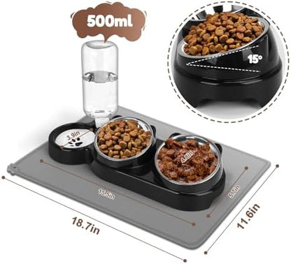 Cat Food and Water Bowl Set, Stainless Steel Raised Cat Bowls with Automatic Water Bottle & Waterproof Mat for Cats/Puppies, 3 in 1 Pet Feeding Station for Wet/Dry Food, Black