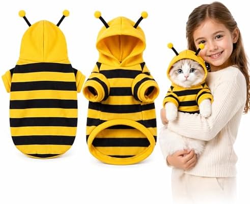 Cute Cat Bee Costume - Pet Halloween Apparel Bumble Bee Cosplay Clothes Antennae, Soft Warm Fleece Hoodie for Cats, Kittens, and Small Dogs, Perfect for Festival Party and Photo Shoot S/M (Medium) by Unknown
