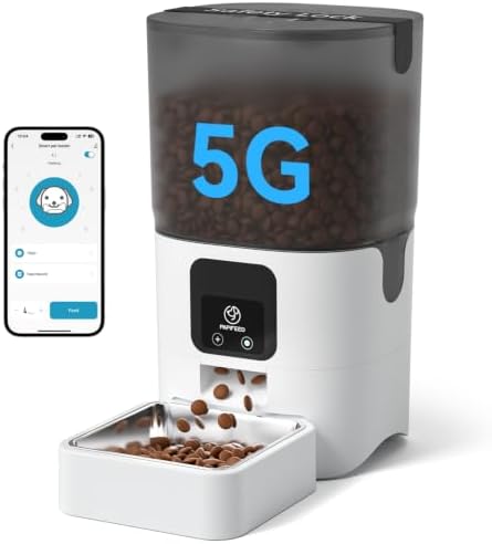 PAPIFEED Automatic Cat Feeder with App, 5G WiFi Auto Cat Feeder, 6L Slow-Feed Cat Food Dispenser for Dry Food, Dual Power Supply Timed Pet Feeder for Small Dog, 10 Meals/Day, 12 Portions/Meal, White