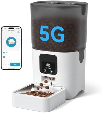 PAPIFEED Automatic Cat Feeder with App, 5G WiFi Auto Cat Feeder, 6L Slow-Feed Cat Food Dispenser for Dry Food, Dual Power Supply Timed Pet Feeder for Small Dog, 10 Meals/Day, 12 Portions/Meal, White