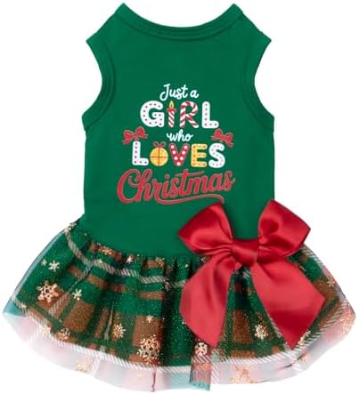 Fitwarm Just a Girl Who Loves Christmas Dog Tulle Dress, Funny Christmas Clothes for Small Dogs Girl, Holiday Pet Outfit, Red, White, Green, Yellow, Large by Fitwarm