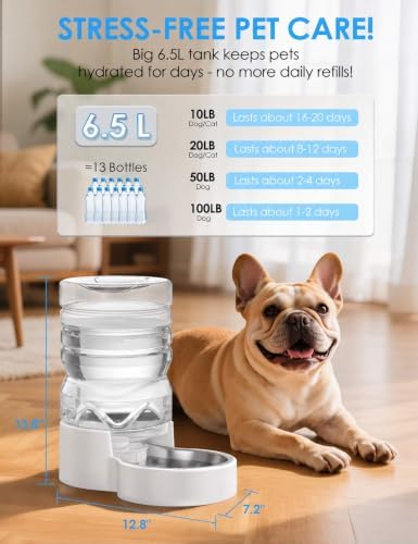 Heouvo 1.7 Gal Gravity Dog Water Dispenser, Wide-Mouth, No Filter, White