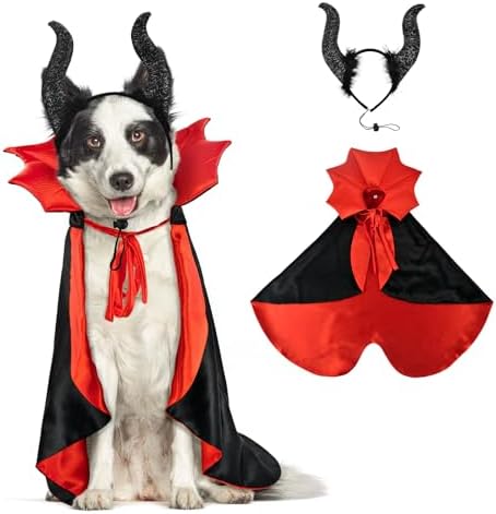 2 Pcs Dog Halloween Costume Set Cat Witch Vampire Cape Devil Horns Hat Holiday Clothes for Cat Puppy Halloween Party Pet Outfits (Red) XL by CooShou