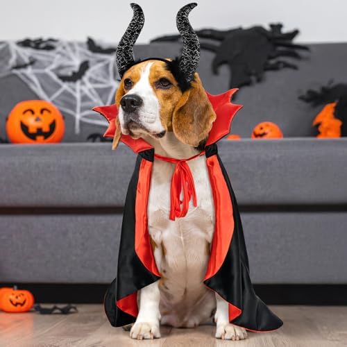 2 Pcs Dog Halloween Costume Set Cat Witch Vampire Cape Devil Horns Hat Holiday Clothes for Cat Puppy Halloween Party Pet Outfits (Red) L - Image 6