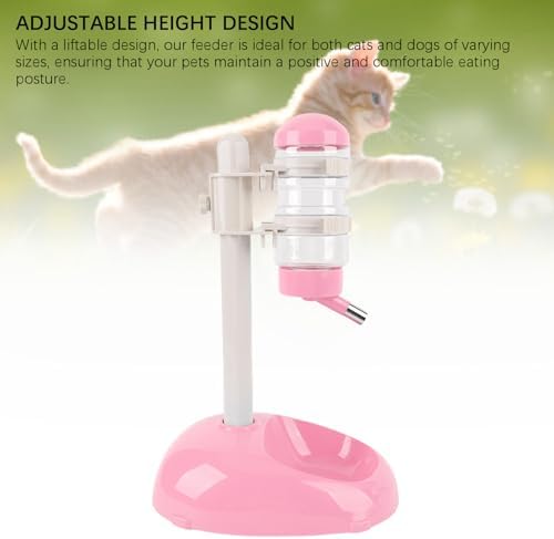 Cryfokt Pet Standing Water Dispenser, Plastic Height Adjustable 500ml Capacity Dog Water Bottle Dispenser Automatic Dog Feeding Station Food for PuppyBowl (Pink)