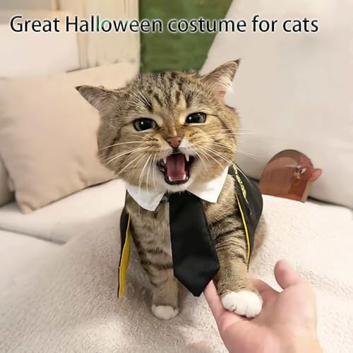 Dog Halloween Magician Costume Set, Cat Wizard Cloak with Hood, Tie & Glasses, Pet Cosplay Outfit for Halloween Party, Puppy Witch Costume for Small Dogs (Yellow, Medium) - Image 3