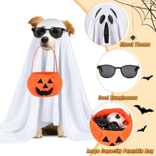 PETKNOWS Halloween Dog Ghost Costume Set with Sunglasses Pumpkin Bag(L) - Image 2