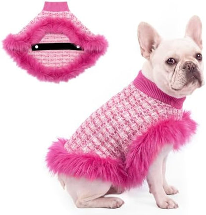 Pink Dog Sweater Cloak, Pearl Cotton Bouclé Yarn Puppy Sweater, Cold Weather Coat Knitwear for Medium Dogs, Classic Turtleneck Thick Dog Clothes with Thick Fluff DS-DP07XL by UNIPUP