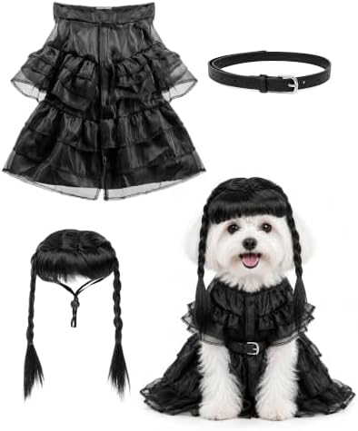 Dog Halloween Costume with Braided Wig, Gothic Black Tulle Dress and Belt Set for Small Medium Dogs, Creepy Cute Pet Cosplay Outfit for Puppy Cats, Spooky Party Apparel by VISTARAFT