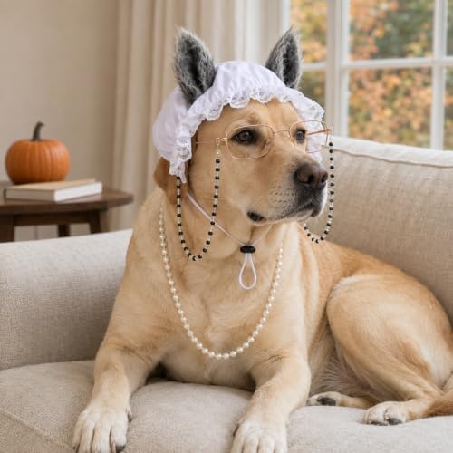 3 Pcs Dog Wolf Costume, Mop Cap Pearl Necklace Granny Glasses - Image 6