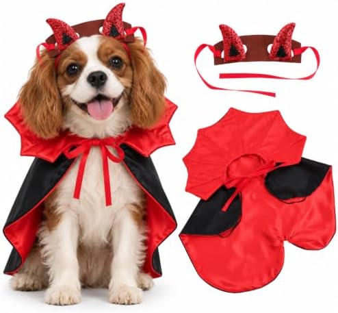 2 Piece Dog Cat Halloween Costume, Vampire Devil Cape Cloak with Horn Headband, Red Black Pet Costume for Small Medium Dogs Cats, Halloween Cosplay Party Dress Up Accessories by Ciieeo