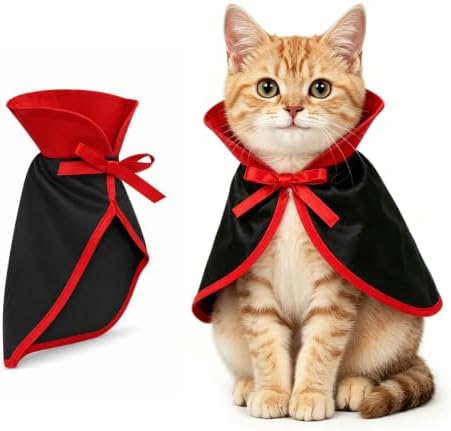 Halloween Cat Vampire Cloak Costume, Red Black Satin Cat Cape Stand Collar, Halloween Pet Cosplay Wizard Devil Outfit for Small Dogs, Kittens, Rabbits, Adjustable by PETLESO