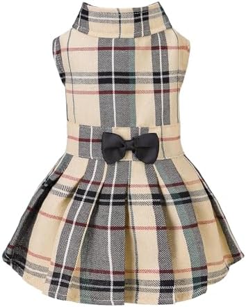 PUPTECK Classic Beige Plaid Dog Dress with Bow Puppy Skirt Clothes L by PUPTECK