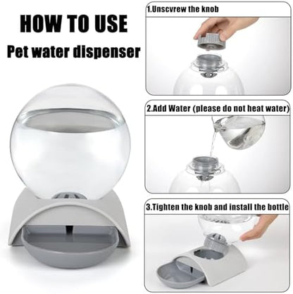 Pet Water Dispenser, 2.8L Automatic Gravity Cat Water Dispenser for Cats, Dogs & Rabbit, Detachable Cat Dog Water Dish Feeder with Spherical Waterer Bubble, Grey