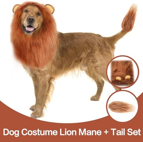 Lion Mane Dog Costume for Medium & Large Dogs - Realistic Lion Wig - Brown - Size M + Tail Set - Image 6
