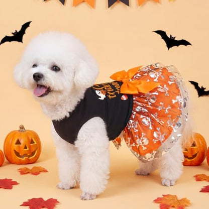 XPUDAC Halloween Dog Dress Costumes for Small Dogs Girl Tulle Dress Dog Clothes Skull Holiday Pet Costume Cat Outfits, Orange-Large - Image 3