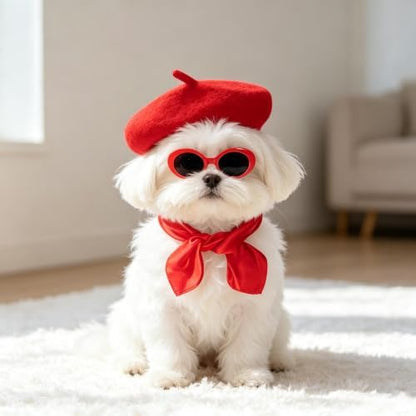 Dog Beret Scarf Glasses Pet French Beanie for Small Dogs Cats(Red, Small) - Image 4